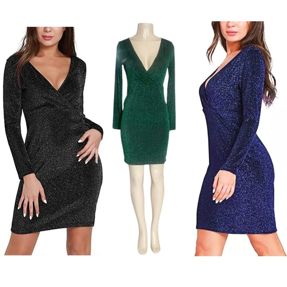 Wrap Front Timeless Glitter V Neck Long Sleeve Sheath Shimmering Bodycon Dress
